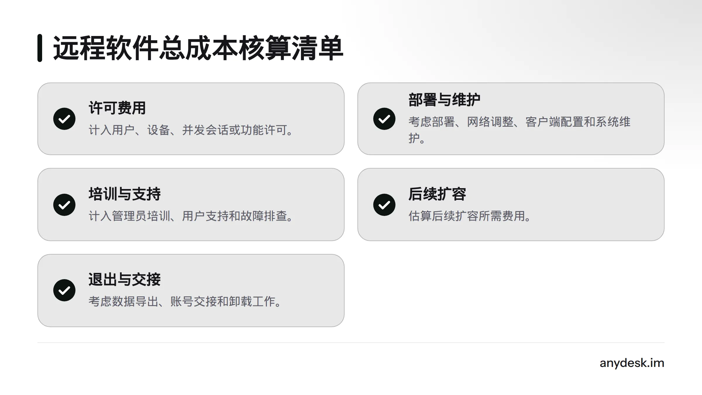 总成本除了许可费用，还包括部署与网络调整、配置维护、培训支持、扩容以及合同结束后的交接工作。